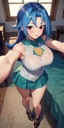 ai_generated blue_hair blush breasts bryanjoel clothing edit female hi_res huge_breasts kamishiro_rio long_hair looking_at_viewer pose red_eyes rio_kamishiro selfie shoes short_skirt skirt solo thighs transparent_clothing uniform x24x yu-gi-oh! yu-gi-oh!_zexal