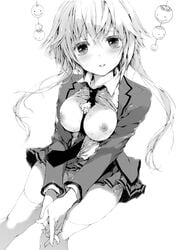 1boy :3 assassination_classroom between_breasts blazer blush breasts breasts_out dress_shirt female hands_together jiritsu_shikou_kotei_houdai koro-sensei koshika_rina long_sleeves looking_at_viewer monochrome necktie necktie_between_breasts open_clothes panties parted_lips pleated_skirt school_uniform shiota_nagisa shirt short_hair_with_long_locks side-tie_panties skirt thighhighs underwear