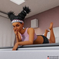 1girls 3d background bed black_hair brown_skin feet feet_fetish feet_up female_focus female_only foot_fetish girls_only hand_on_head johnnydoes3d laying_on_bed lily_hawk looking_at_camera looking_at_viewer short_jeans smile smile_at_viewer smiley_face street_fighter street_fighter_6 swinging_legs teenager tribal_clothing