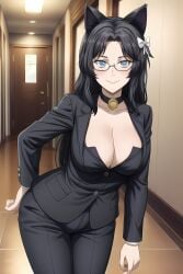 1girls ai_generated ass ass_focus big_breasts black_hair blue_eyes breasts cat_ears cat_tail catgirl female female_focus female_only glasses huge_ass huge_breasts large_breasts long_hair mature_female milf office_lady thighs