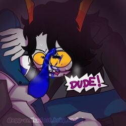 blowjob colored_cum cum_on_face cum_on_glasses homestuck homestuck_oc homestuck_troll tentabulge tentacle yelling zebruh_codakk