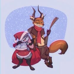 1boy 1girls 2024 anthro barefoot big_breasts bigdad blue_background breasts canine christmas christmas_clothing christmas_outfit cleavage clothed clothing darnact disney female fox furry gloves gray_fur green_eyes grey_fur hat_over_one_eye judy_hopps long_gloves male male_anthro nick_wilde orange_fur purple_eyes rabbit reindeer_costume santa_costume santa_hat shortstack snow thick_thighs thighhighs thighs wide_hips zootopia