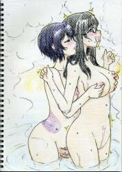 1futa 1girls bathing better_version_at_source black_hair blue_eyes blue_hair brown_eyes drooling duo female futa_on_female futanari glasses groping groping_breasts groping_from_behind heterochromia hot_spring large_breasts nipple_play nipple_tweak pixiv_manga_sample pixiv_sample red_eyes samurai_shodown shiki_(samurai_shodown) snk tattoo tnietuitta traditional_media_(artwork) wet wu-ruixiang