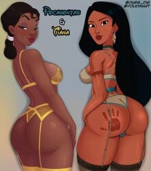 2girls ass ass_focus big_ass booty choker collaboration dark-skinned_female disney disney_princess dugg_dig female female_focus female_only hairband hand_print_on_ass lingerie lips lipstick looking_at_viewer looking_back perky_breasts pocahontas pocahontas_(character) ponytail posing seductive seductive_eyes seductive_look seductive_smile tattoo the_princess_and_the_frog tiana yolkiin