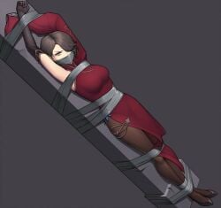 amber_eyes angry arms_above_head black_hair bondage breasts breasts_out cinder_fall duct_tape duct_tape_gag heels looking_at_viewer pillar red_dress rooster_teeth rwby short_hair stockings tape viz_media