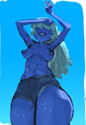 1girls artist_request bangs_over_eyes big_ass blue_hair blue_skin female female_only gem_(species) jean_shorts lipstick looking_at_viewer looking_down_at_viewer nipple_piercing partially_clothed pierced_nipples piercing ponytail pov sapphire_(steven_universe) shorts solo steven_universe thick_thighs topless topless_female