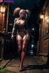 ai_generated alley blonde_hair bottomless harley_quinn hips leather_boots leather_clothing leather_jacket multicolored_hair night no_bra no_panties perfect_body spark_star strutting thighhighs twintails walking