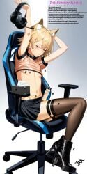 ai_generated anime anime_style ankle_boots blonde_hair boots computer crop_top crossdressing femboy femboy_focus femboy_only feminine feminine_male feminization fox_ears gamer gamer_chair guide_lines headset high_heels napkin navel necklace nipple_fetish nipple_slip peeing peeing_inside penis pleasure_face short_hair skirt skirt_lift stockings sweat sweatdrop text