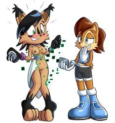 anthro blush breasts chipmunk duo feline female goshaag laugh lynx mammal nicole_the_lynx pussy rodent sally_acorn sega sonic_(series)