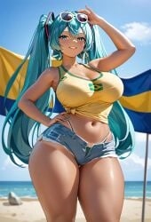 ai_generated athletic_female bare_legs beach big_breasts brazilian_flag brazilian_miku endynghi flower_in_hair hatsune_miku huge_breasts huge_thighs looking_at_viewer massive_breasts short_shorts smiling solo_female squatting sunglasses sunglasses_on_head sweat sweatdrop t-shirt tan-skinned_female tan_body tanned_female tanned_skin thick_thighs thighs vocaloid voluptuous voluptuous_female