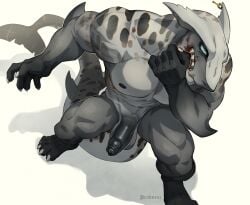 anthro balls blood bodily_fluids cobu digitigrade erection fish foreskin genitals glans hi_res high-angle_view male male_anthro marine muscular muscular_anthro muscular_male nipples pecs penis piercing shark simple_background solo tail white_background