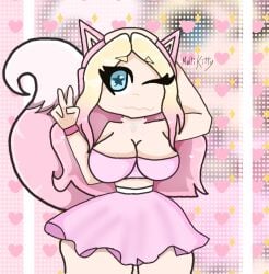 1girls 4_fingers big_breasts blonde_hair blue_eyes catgirl headphones kitty_(multikitty) light_skin multikitty pink_skirt pink_tail pink_topwear roblox roblox_avatar roblox_game robloxian strawberry_neklace