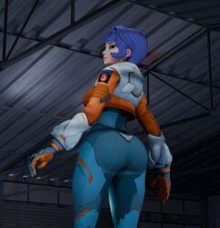 3d big_ass big_butt blender blizzard_entertainment booty grin juno_(overwatch) looking_at_viewer looking_back overwatch purple_hair red_eyes smile smiling