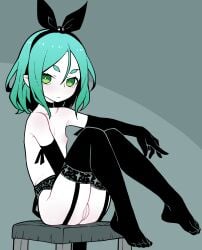 akableak black_gloves black_thighhighs choker elbow_gloves expressionless female flat_chest full_body garter_belt garter_straps gloves green_eyes green_hair hairband highres looking_at_viewer monogatari_(series) nipples ononoki_yotsugi pussy short_hair sitting solo thighhighs toes