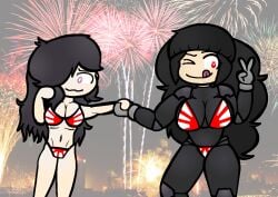 /ctt/ 2girls :d bikini black_hair bodysuit console-tan flag_bikini flag_print gijinka hair_over_one_eye hand_on_head hime_cut holding_hands hourglass_figure humanization large_breasts long_hair looking_at_viewer messy_hair nintendo nintendo_switch peace_sign photo_background playstation_vita sony_interactive_entertainment swimsuit switch-tan thick_thighs vita-tan wink