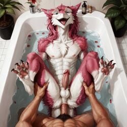 ai_generated anal anal_sex anthro aurugy bathing bathroom bathtub detailed digital_drawing_(artwork) digital_media_(artwork) duo erection first_person_view flower fur furry genitals hi_res holding_both_legs human human_on_anthro inside interspecies looking_at_another looking_at_viewer looking_pleasured lying male male/male mammal on_back open_mouth partially_submerged paws penetration penis pink_body pink_fur plant plant_pot raised_leg romantic sergal spread_legs spreading stable_diffusion teeth water yiff