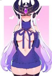 1female 1girls ai_generated anemoi blush breasts female flustered front_view league_of_legends long_hair riot_games solo solo_focus spoken_heart sweater syndra thick_thighs	 thighhighs virgin_killer_sweater white_hair