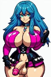 ai_generated blue_eyes blue_hair corset futanari large_breasts long_hair medium_penis pixel_art smiling