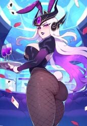 1female 1girls ai_generated anemoi ass ass_focus breasts breasts bunny_ears bunny_girl bunny_tail bunnysuit drinks female female female_only from from_below headgear headwear league_of_legends long_hair nightclub pantyhose pawg playboy_bunny riot_games side_view sideboob solo solo_focus syndra white_hair