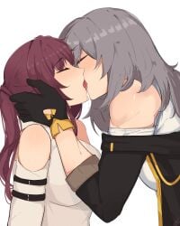 2girls arnkun holding_head honkai:_star_rail honkai_(series) hoyoverse kafka_(honkai:_star_rail) kissing saliva saliva_string stelle_(honkai:_star_rail) tagme tongue_kiss trailblazer_(honkai:_star_rail) yuri