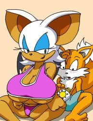 anthro big_breasts breasts canid canine clothing dboy dipstick_tail duo female fox green_eyes larger_female male mammal markings membrane_(anatomy) membranous_wings older_female rouge_the_bat sega size_difference smaller_male sonic_(series) sonic_the_hedgehog_(series) swimwear tail tail_markings tails tails_the_fox warm_colors wings young younger_male