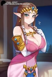 ai_generated blue_eyes bra brown_hair cleavage detached_sleeves dress elf elf_ears elf_female embarrassed jewelry large_breasts long_hair pink_bra primosan princess_zelda standing the_legend_of_zelda the_legend_of_zelda:_twilight_princess zelda_(twilight_princess)