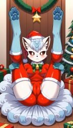 1girls 2024 ai_generated alolan_vulpix anthro bell blue_fur brown_eyes cameltoe canine christmas christmas_outfit christmas_tree female female_only fox generation_1_pokemon generation_7_pokemon hi_res holding_legs holding_legs_up holidays indoors inner_ear_fluff laying_down laying_on_back looking_at_viewer multiple_tails nintendo paws pokemon pokemon_(species) regional_form_(pokemon) santa_hat smile thighhighs white_fur