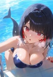 ai_generated black_hair breasts busty cleavage curvy curvy_figure ellen_joe female large_breasts looking_at_viewer monster_girl pool punk punk_girl red_eyes shark shark_girl shark_tail short_hair swimming_pool swimsuit swimwear wet zenless_zone_zero