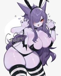 1girls anthro big_breasts black_sclera blush bunny_ears female female_only generation_1_pokemon gengar hair_over_one_eye hi_res long_hair nintendo pokemon pokemon_(species) pose purple_hair red_eyes skindentation smiling solo striped_thighhighs text thick_thighs thighhighs toge77789 togetoge white_background