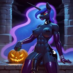 abs ai_generated anthro armpit balls collar futa_only futanari halloween huge_cock latex leaking_precum lipstick masturbating muscular muscular_futanari my_little_pony nightmare_moon_(mlp) penis pony princess_luna_(mlp) sweat