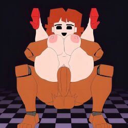 :d ai_generated animatronic auburn_hair big_breasts black_eyes breasts brown_fur crossover curvy dark_background demon_girl female female_focus five_nights_at_freddy's freddy_(fnaf) freddy_fazbear friday_night_funkin full_nelson furry furry_male girlfriend_(friday_night_funkin) heels male naked nude pixai pizzeria red_heels robot_boy robot_joints sex shortstack thick_thighs tile_floor