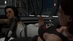 3d black_hair blender blue_eyes bodysuit clothed clothed_sex commander_shepard femshep futa_on_female futanari large_penis lewd_legion mass_effect miranda_lawson red_hair smug thigh_job thigh_sex