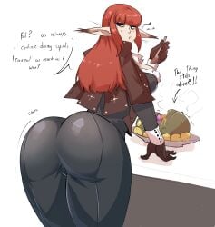 1girls ass ass_focus atlus big_ass big_butt clothed cupperexe eating elf elf_ears elf_female english_text female female_only fully_clothed hulkenberg knife_ears large_ass large_butt metaphor:_refantazio pointy_ears red_hair text thick_thighs thighs