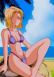 1girl 1girls android android_18 android_girl ass beach belly_button bikini blonde_female blonde_hair blonde_hair_female blue_eyes blue_eyes_female blue_sky blue_sky_background breasts cloud clouds cloudy_sky dragon_ball dragon_ball_super dragon_ball_z earring earrings eyelashes female female_focus female_only highres hips jewelry legs light-skinned_female light_skin looking_at_view looking_away medium_breasts medium_hair navel ocean ocean_background purple_bikini purple_bikini_bottom purple_bikini_top salvamakoto sand sea sea_background sitting sitting_down sitting_on_rock sky solo solo_female solo_focus swimsuit thighs trees water