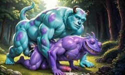 4_arms 4_legs anal anal_sex anthro blue_fur booster_rex chameleon cum cumming cumming_inside cumming_while_penetrated cumming_while_penetrating disney green_eyes male male/male monster monsters_inc muscular muscular_anthro muscular_male purple_body purple_skin randall_boggs reptile scalie sulley yaoi