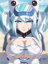 1girls beach big_breasts blue_eyes cat_ears ico_(mega_man) mega_man mega_man_x mega_man_x_dive rockmangrave swimsuit swimsuit_ico_(x_dive) white_hair white_swimsuit