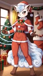 1girls 2024 ai_generated alolan_vulpix anthro bell blushing brown_eyes cameltoe canine christmas christmas_outfit christmas_tree digitigrade female female_only fox hi_res holidays indoors inner_ear_fluff looking_at_viewer morning multiple_tails nintendo pokemon pokemon_(species) regional_form_(pokemon) santa_hat short_hair smile tails white_fur