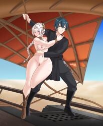 1boy 1girls background big_ass boots boots_only breasts byleth_(fire_emblem) byleth_(fire_emblem)_(male) clothed_male edelgard_von_hresvelg exposed_breasts fire_emblem fire_emblem:_three_houses hips luke_skywalker_(cosplay) naijmizuho nipples nude nude_female ponytail slave_leia_(cosplay) star_wars tagme teal_hair white_hair