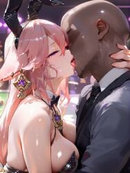 ai_generated bunny_ears bunny_girl dark-skinned_male french_kiss fuwako genshin_impact interracial kissing saliva tongue yae_miko