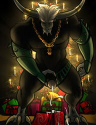 1boy 2014 anthro armor awgwa_(species) bgn black_fur christmas clothing cum cumshot frank_l._baum_(copyright) fur hair holidays horn jewelry krampus male male_only masturbation muscles orgasm penis piercing rankin-bass_(copyright) solo talons underwear white_hair