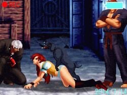 1boy 1girls aggressors_of_dark_kombat all_fours animated bestiality canine defeated feral fur king_of_fighters kisarah_westfield kuromaru_(mugen) leda886 m.u.g.e.n male/female panties pixel_art rape straight zoophilia