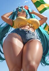 ai_generated athletic_female bare_thighs beach big_breasts blue_eyes blue_hair brazilian_miku endynghi flower_in_hair hatsune_miku huge_breasts huge_thighs long_hair looking_down low-angle_view massive_breasts short_shorts solo_female squatting sunglasses sunglasses_on_head sweat sweatdrop t-shirt tan-skinned_female tan_body tanned_female tanned_skin thick_thighs thighs twintails very_long_hair vocaloid voluptuous voluptuous_female