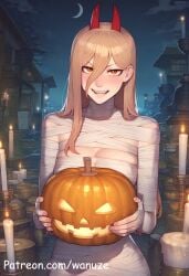 ai_generated big_ass big_breasts big_butt big_thighs blonde_hair blush candle chainsaw_man demon demon_horns huge_ass huge_butt huge_thighs jack-o&#039;-lantern medium_breasts mummy mummy_costume power_(chainsaw_man) pumpkin standing wanuze wide_hips