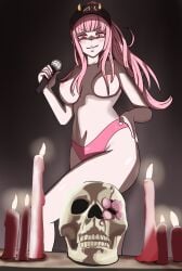 2022 blush breasts candle cap flower foxxxytune grin hand_on_hip hi_res hips holding_microphone hololive hololive_english hololive_myth horns long_hair microphone mori_calliope nipples pink_eyes pink_hair pink_panties ponytail semi_nude skull_head smug virtual_youtuber