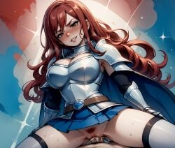 abstract_background ai_generated armor brown_eyes cleavage cowgirl_position cum_in_pussy erza_scarlet fairy_tail large_breasts payop pony_diffusion_xl pubic_hair red_hair skirt sweat vaginal_sex