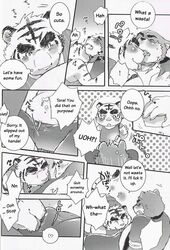 anthro bear black_nose blue_eyes brown_fur chubby clothed clothing doujinshi duo erection fangs feline food fur furry furry_only gay high_school honey hug ice_cream jacket juuichi_mikazuki kamidou_haruki kemono kissing making_out male mammal monochrome morenatsu muscles open_mouth overweight penis shirt shorts spoon strawberry stripes tank_top tiger tongue torahiko_ooshima yellow_fur