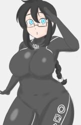 /ctt/ 1girls bodysuit braided_ponytail chubby chubby_female console-tan gijinka glasses humanization iamlem large_breasts looking_at_viewer playstation_3 ponytail ps3-tan salute sony_interactive_entertainment thick_thighs wide_hips