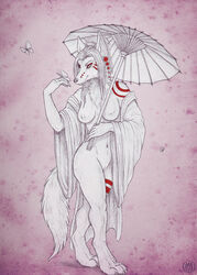 1girls 2014 anthro arthropod artist_logo body_fur breasts butterfly canine clothed clothing female female_only fluffy_tail fox furry insects mammal nipples parasol pussy skimpy solo tattoo ultraviolet_(artist) vagina