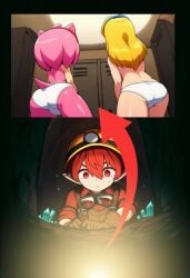 accidental_voyeurism adobe_photoshop_(artwork) ai_generated amy_rose arrow_(symbol) back_turned blue_hairband cavern changing_room collage_(artwork) crystals elf elf_boy elf_ears gloves goggles_around_neck light_source locker_room long_yellow_hair low-angle_view maria_robotnik mining_helmet mobian_(species) mobian_hedgehog novelai original_character overalls pink_fur red_arrow red_eyes red_hair sega sonic_(series) sonic_the_hedgehog_(series) tail unaware underground undressed voyeur white_panties white_skin