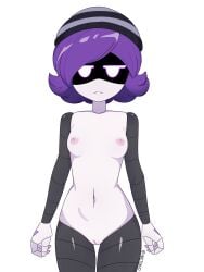 1girls 2d aretokio beanie_hat breasts chocker clothed emo female female_only glitch_productions humanoid looking_at_viewer mob_face murder_drones nipples_visible_through_clothing purple_eyes purple_hair robot robot_girl robot_humanoid robot_joints robotic_arm robotic_limb screen_face simple_background small small_breasts uzi_(murder_drones) uzi_doorman
